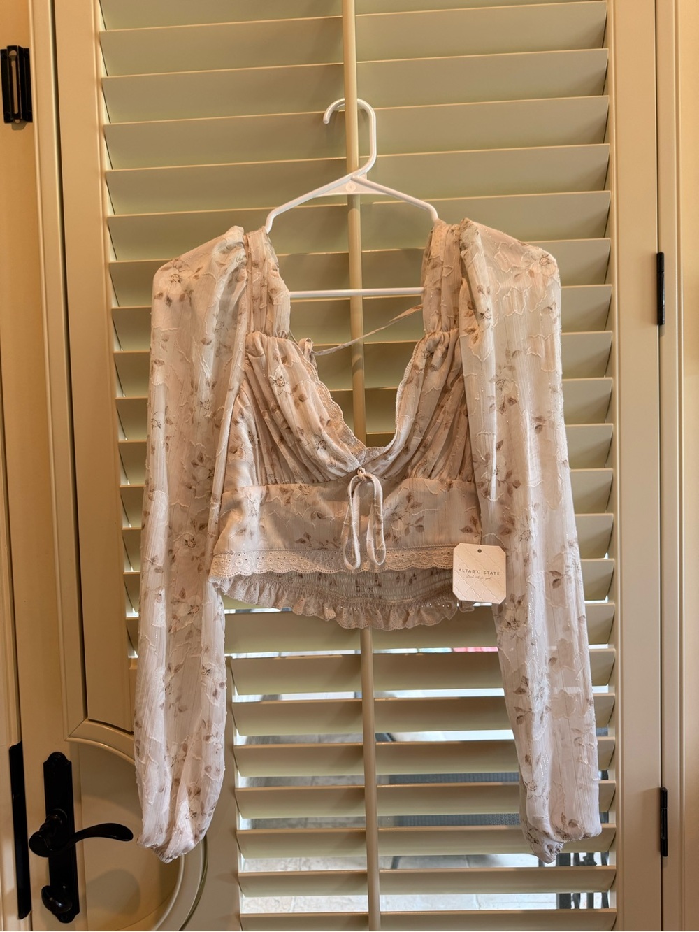 Altar'd State Cream Floral Blouse with Tie Front